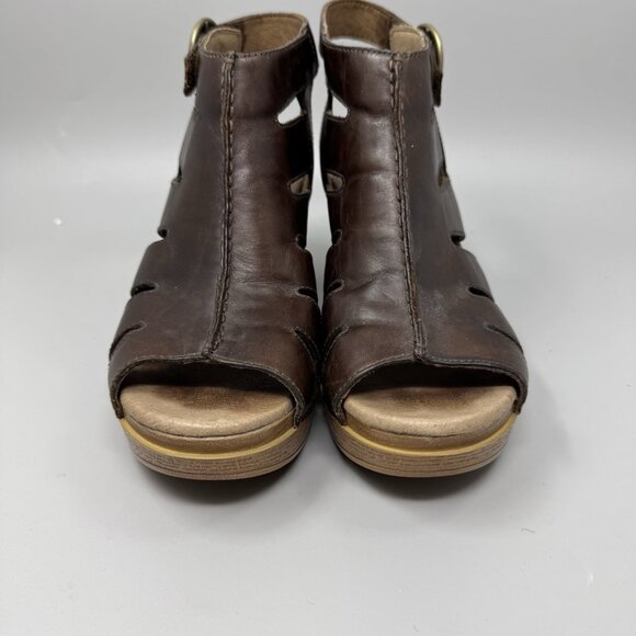 Dansko Sandals Womens 38 7.5-8 Brown Demetra Peep Toe Platform Heels Leather - Picture 5 of 9